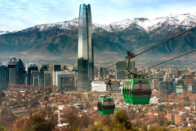 Overhead cable car against buildings in city 