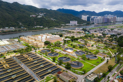 High angle view of buildings in city