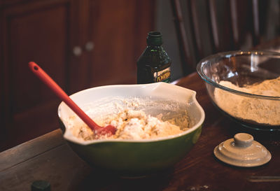 Close-up of food served on table