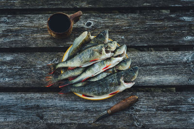 High angle view of fish on table