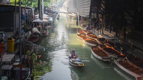 High angle view of boats moored in canal