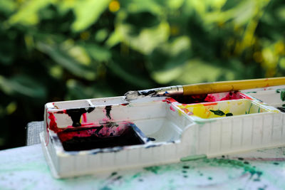 Close-up of ice cream in basket on table