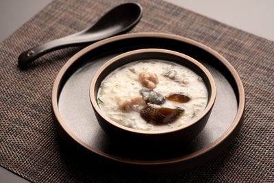 Close-up of soup in bowl on table