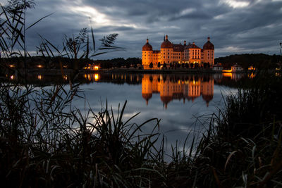 Reflection of building in river water