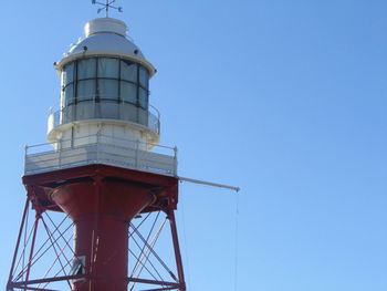 Low angle view of water tower against clear blue sky