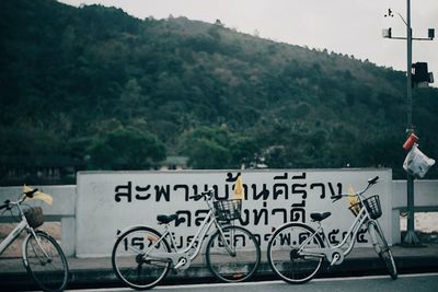 Bicycle sign on road by trees