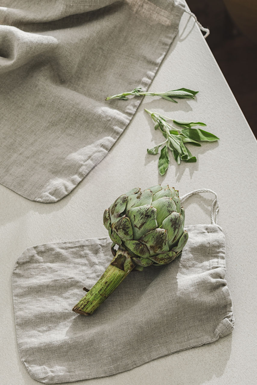 green, food and drink, food, leaf, vegetable, indoors, healthy eating, wellbeing, no people, freshness, plant part, high angle view, plant, textile, flower, studio shot, herb, still life, dish towel, clothing, art, nature