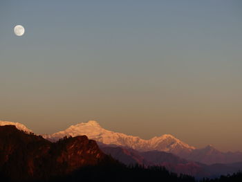 Scenic view of mountains against clear sky during winter