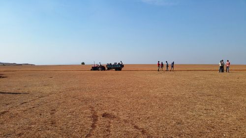 People on beach against clear sky