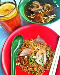 High angle view of noodles in bowl on table