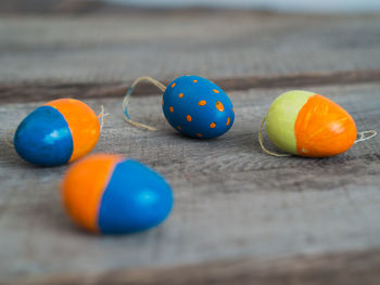 Close-up of multi colored easter eggs on table