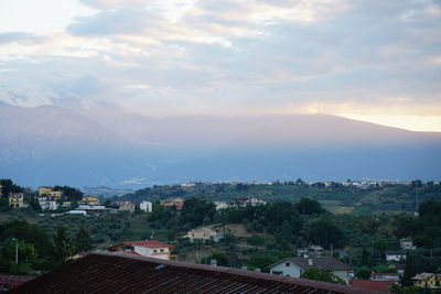 High angle view of houses against sky