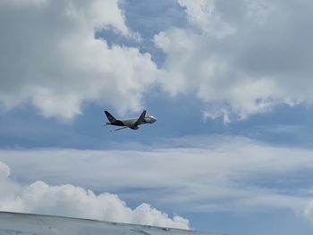 Low angle view of seagull flying in sky