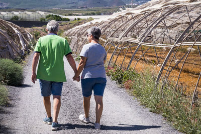 Rear view of senior couple walking on footpath