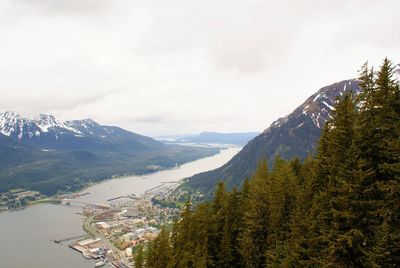 High angle view of trees and mountains against sky