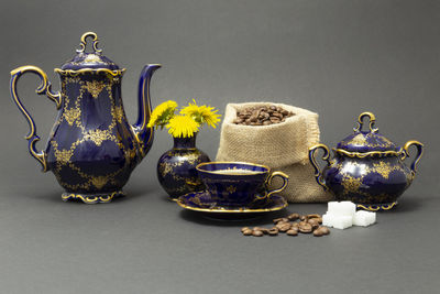 Close-up of objects on table against white background