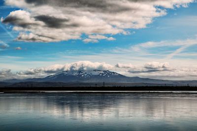 Scenic view of lake and mountains against sky