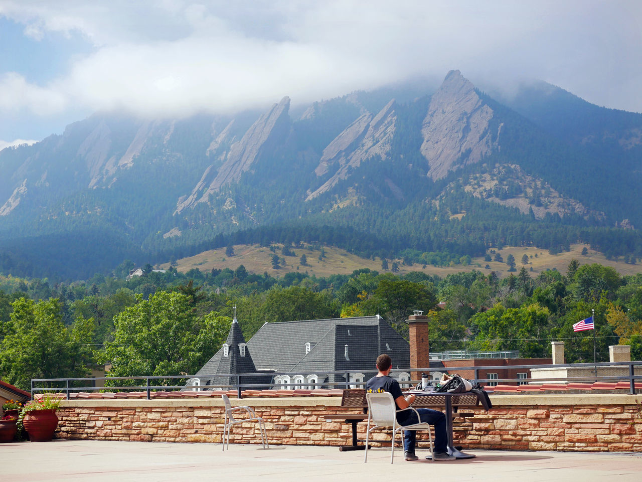 mountain, person, rear view, men, mountain range, tree, full length, sky, tourist, togetherness, day, cloud - sky, scenics, outdoors, observation point, nature, beauty in nature, tranquil scene, tranquility