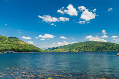 Scenic view of lake against blue sky