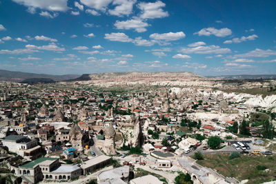 High angle shot of townscape against sky