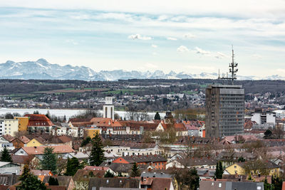 High angle view of townscape against sky