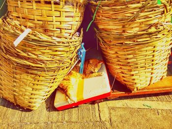 Close-up of wicker basket on beach