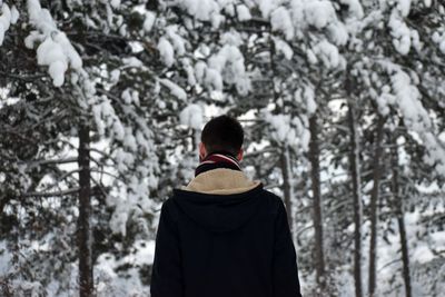 Rear view of man standing on snow covered land