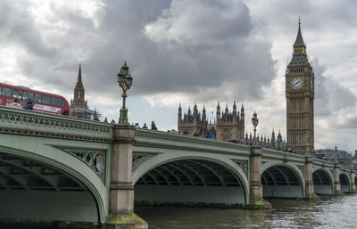 Arch bridge over river against buildings in city