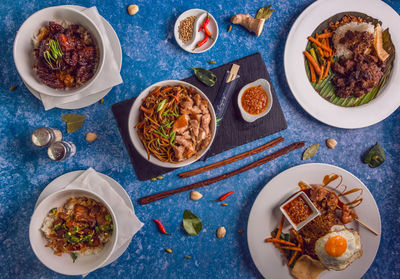 High angle view of meal served on table
