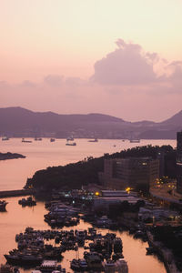 High angle view of harbor at sunset