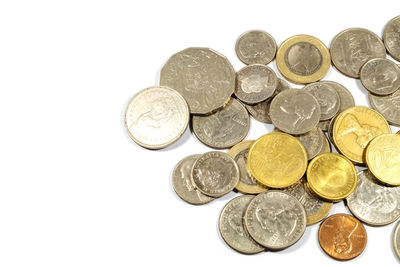 High angle view of coins