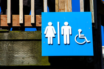Low angle view of restroom and wheelchair signs on wood