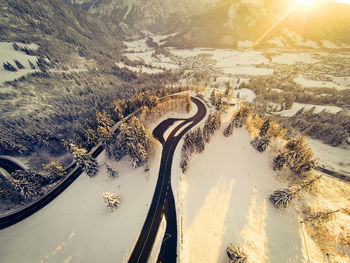 Aerial view of road during winter