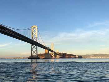View of suspension bridge over river