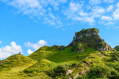 Low angle view of mountains against cloudy sky