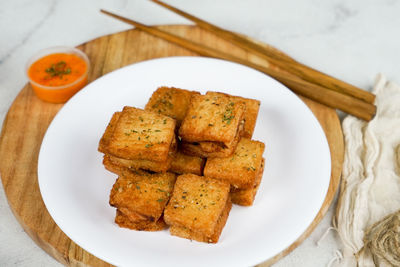 High angle view of bread in plate on table