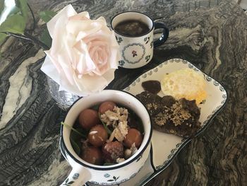 High angle view of breakfast served on table