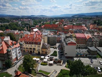 High angle shot of townscape against sky