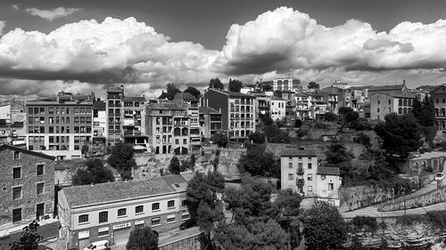 High angle shot of townscape against sky