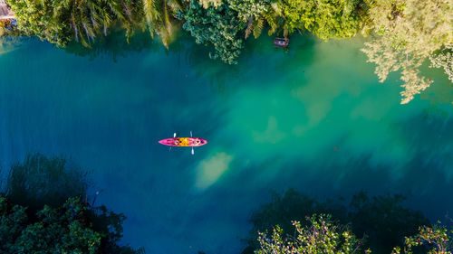 High angle view of man swimming in sea