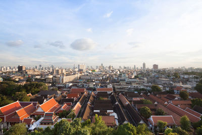 High angle view of buildings against sky