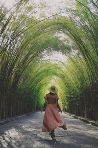 Rear view of woman walking on footpath