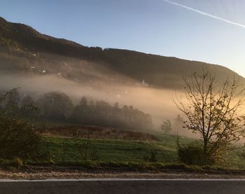 Scenic view of field by road against sky