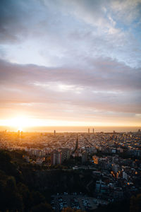 High angle view of city buildings during sunset