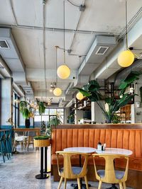 Empty chairs and tables in restaurant