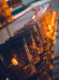 Close-up of lit candles in temple