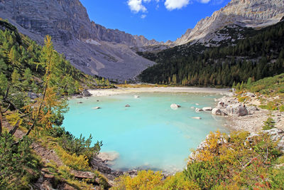 Beautiful sorapis lake in gorgeous autumn landscape