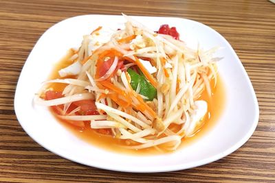 Close-up of noodles served in bowl