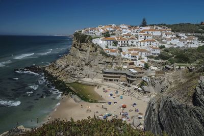 High angle view of beach against clear sky