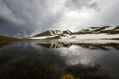 Alpine mountain lake landscape and view, snow and clouds in javakheti, georgia